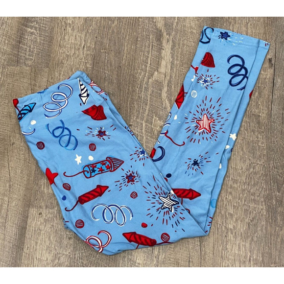 LuLaRoe Leggings OS Americana 4th of July Fireworks Stars Confetti Blue NWOT - Picture 1 of 2
